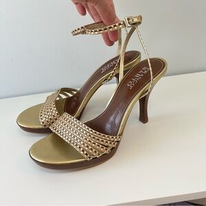 Y2K Franco Sarto Brown Gold Woven Strappy Heels 8 Party High Heels Leather